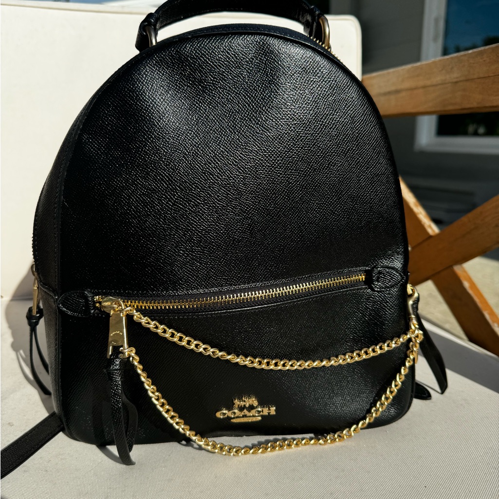 Coach Black Leather Backpack With Gold Chain